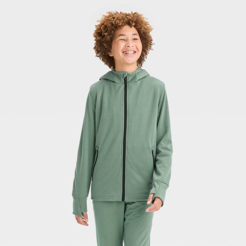 NEW! Boys Fleece-Lined Full Zip Hooded Sweatshirt Jacket, Green - All In Motion